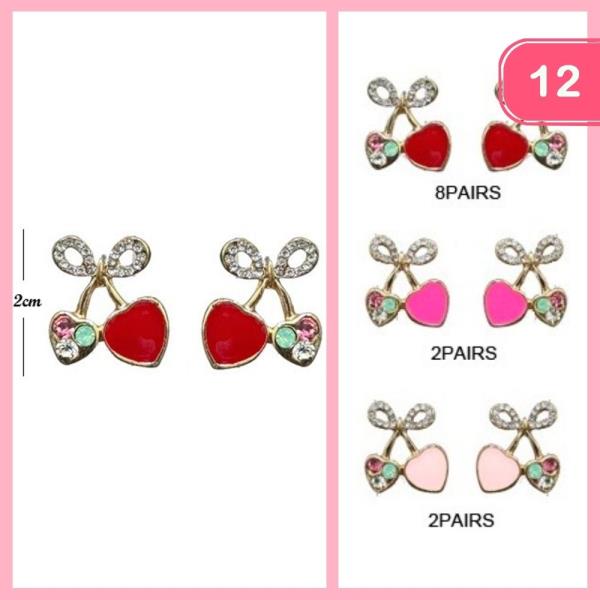 RHINESTONE HEART CHERRY POST EARRINGS (12 UNITS)