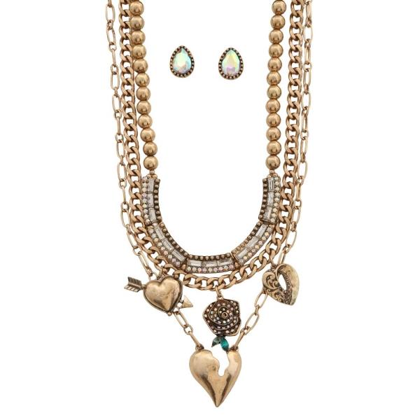 VINTAGE MIXED TEXTURE METAL LAYERED NECKLACE WITH BROKEN HEART AND ARROW CHARM AND STUD EARRING SET