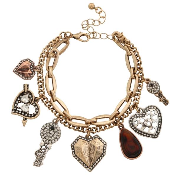 VINTAGE MIXED HEART AND KEY CHARM LINK BRACELET