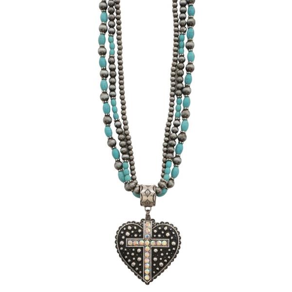 WESTERN VINTAGE MIXED TEXTURE METAL MULTI STRAND NECKLACE WITH CROSS HEART PENDANT