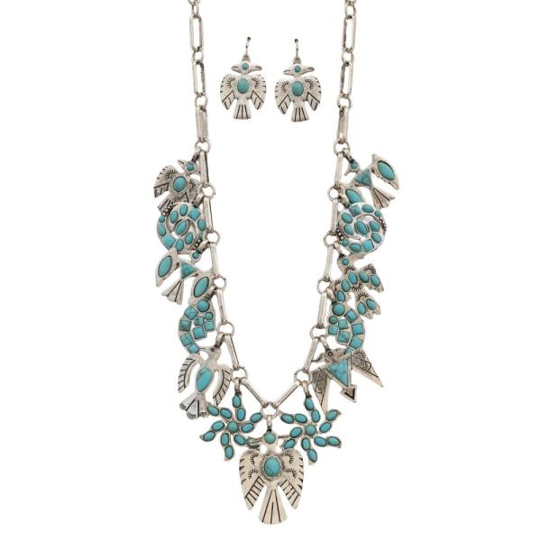 TURQUOISE STONE SOUTHWESTERN MOTIF LINK NECKLACE AND DROP EARRING SET