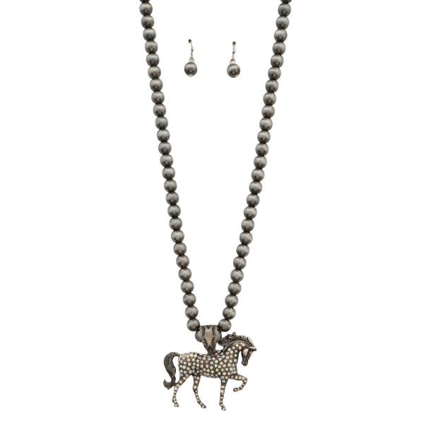 METALLIC BEAD HORSE PENDANT NECKLACE AND MATCHING DROP EARRING SET