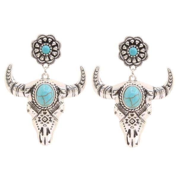 COWBOY HAT AND FLORAL LONGHORN SKULL METAL DANGLE EARRINGS