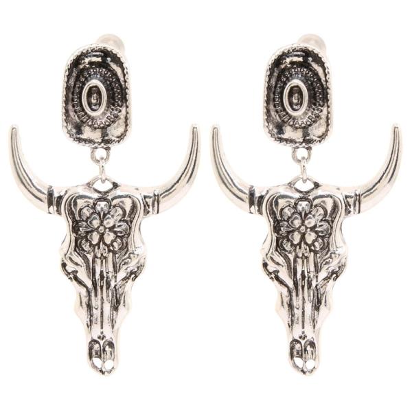 COWBOY HAT AND FLORAL LONGHORN SKULL METAL DANGLE EARRINGS