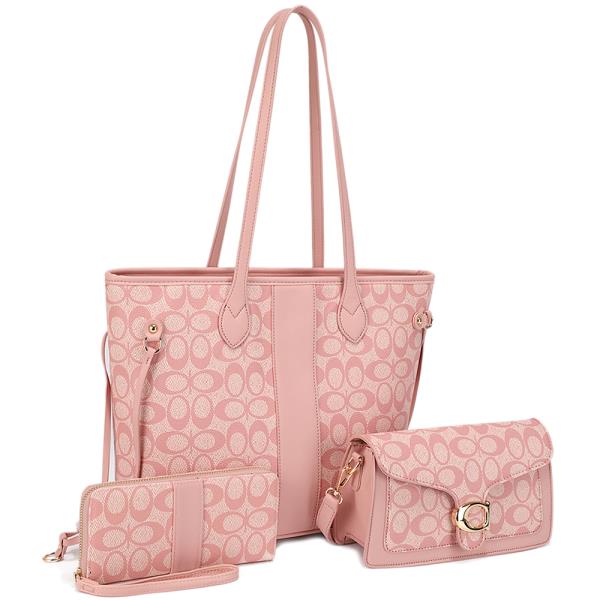 3IN1 OVAL PRINT TEXTURE TOTE W CROSSBODY AND WALLET SET