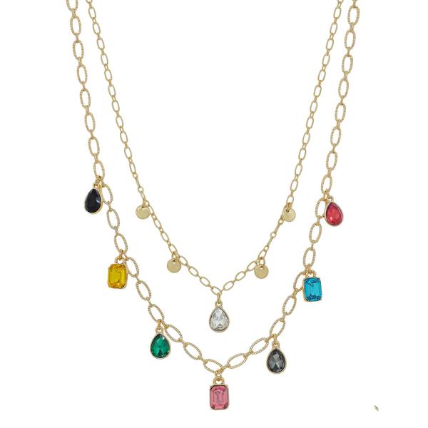 2 LAYERED MULTI CRYSTAL CHARMS SHORT NECKLACE