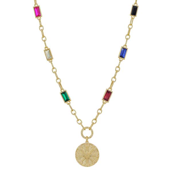 RECTANGULAR CRYSTAL & CHAIN BODY COIN PENDANT SHORT NECKLACE