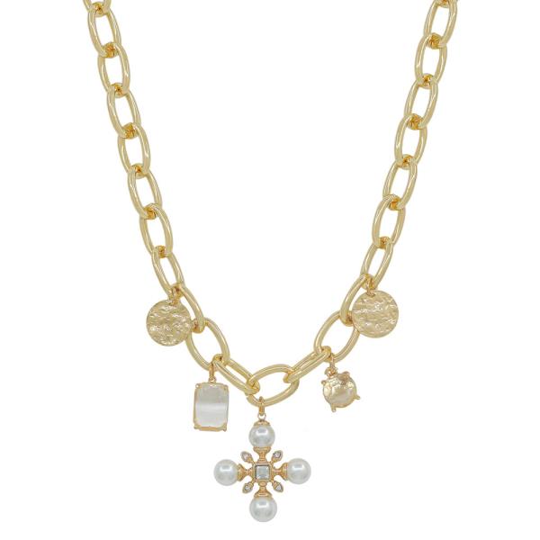 CHUNKY CHAIN PEARL CROSS CRYSTAL MULTI CHARM NECKLACE