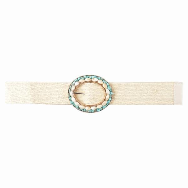 WOVEN OVAL SHELL TURQUOISE BEADED BUCKLE ELASTIC BELT