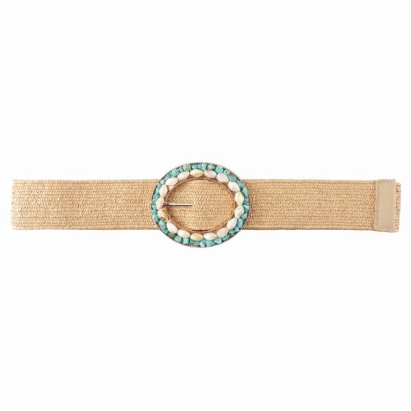 WOVEN OVAL SHELL TURQUOISE BEADED BUCKLE ELASTIC BELT