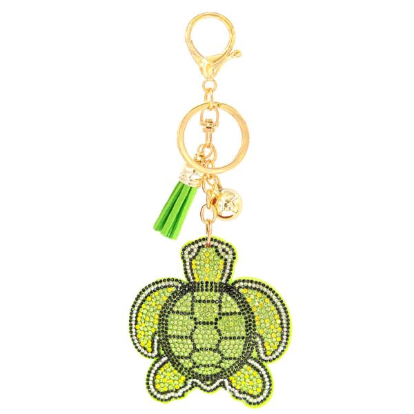 RHINESTONE GREEN TURTLE KEYCHAIN WITH TASSEL
