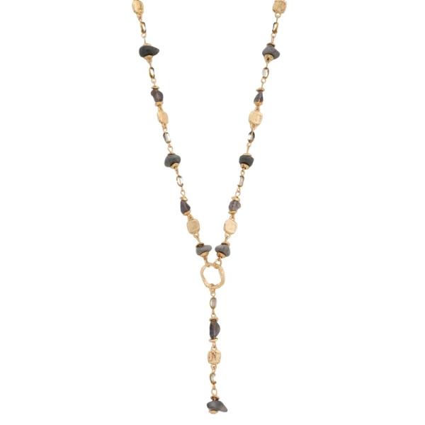 TEXTURED METAL AND NATURAL STONE Y-SHAPE NECKLACE