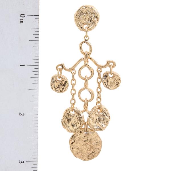 TEXTURED METAL LAYERED COIN DROP DANGLE HOOK EARRINGS