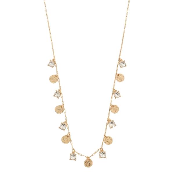 TEXTURED METAL DISC AND CRYSTAL DROP STATION NECKLACE