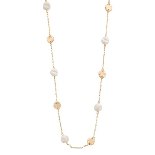TEXTURED METAL AND PEARL BEAD STATION NECKLACE
