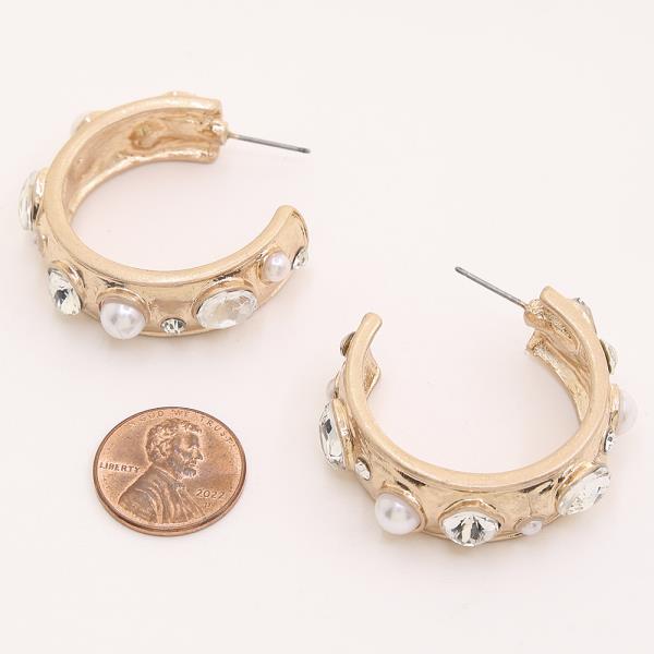 MIXED RHINESTONE PEARL DECORATED HOOP EARRINGS