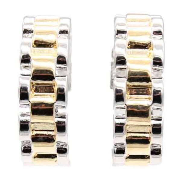 14K GOLD PLATED 2-TONE RIDGED LINK CHAIN C HOOP EARRINGS
