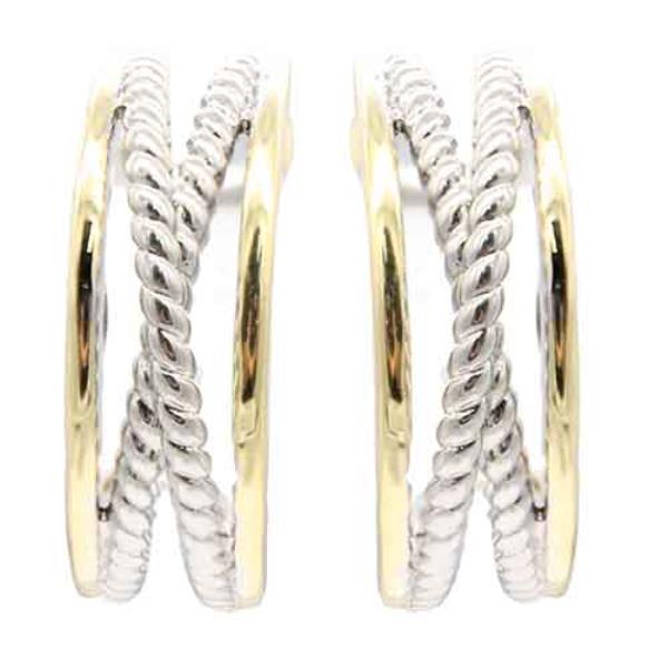 14K GOLD PLATED 2-TONE X ROPE MIX C HOOP EARRINGS