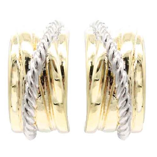 14K GOLD PLATED 2-TONE ROPE MIX C HOOP EARRINGS