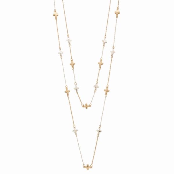 METAL CROSS BEAD TWO TONE LONG LAYERED NECKLACE