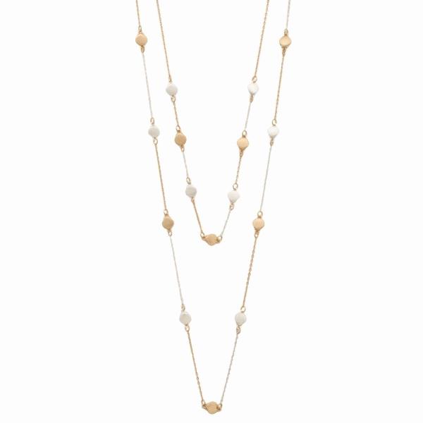 METAL SHELL BEAD TWO TONE LONG LAYERED NECKLACE