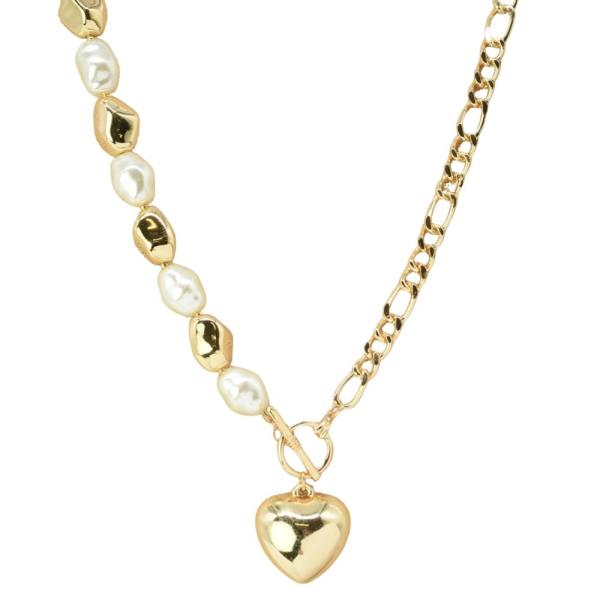 PEARL METAL BEAD CHAIN TOGGLE CLASP HEART PENDANT NECKLACE