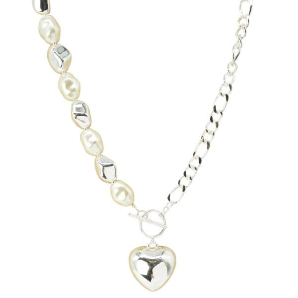 PEARL METAL BEAD CHAIN TOGGLE CLASP HEART PENDANT NECKLACE