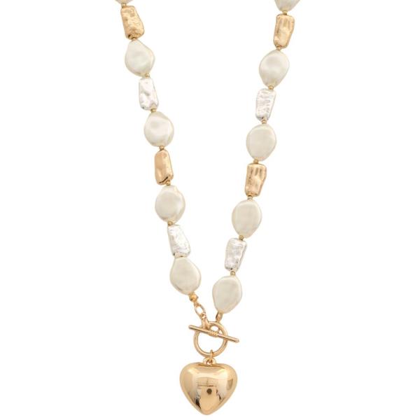PEARL METAL BEAD TOGGLE CLASP HEART PENDANT NECKLACE