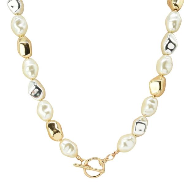 PEARL METAL BEAD TOGGLE CLASP NECKLACE