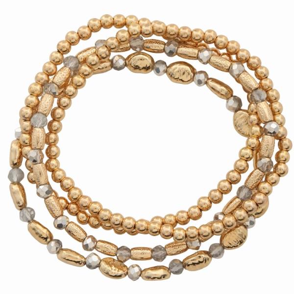 METAL TEXTURED BEAD FACETED BEAD STRETCH BRACELET SET