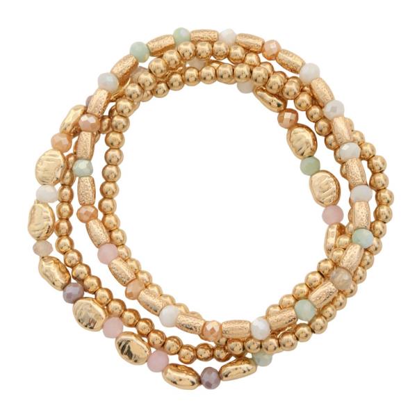 METAL TEXTURED BEAD FACETED BEAD STRETCH BRACELET SET