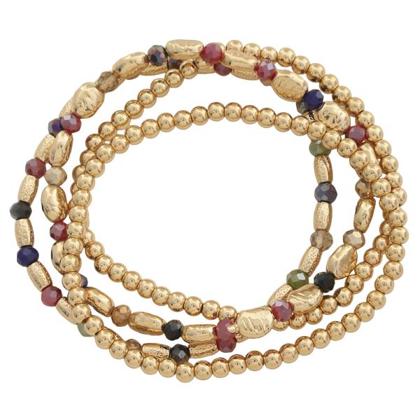 METAL TEXTURED BEAD FACETED BEAD STRETCH BRACELET SET