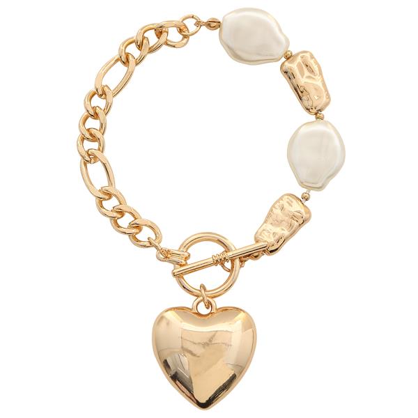 METAL FAUX PEARL CHUNKY LINK HEART PENDANT TOGGLE BRACELET