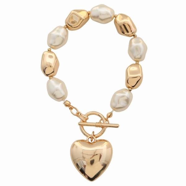 METAL FAUX PEARL BEAD HEART CHARM TOGGLE BRACELET