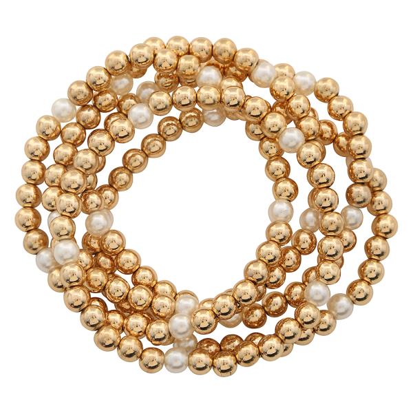 METAL ROUND BEAD FAUX PEARL STRETCH LAYERED BRACELET SET