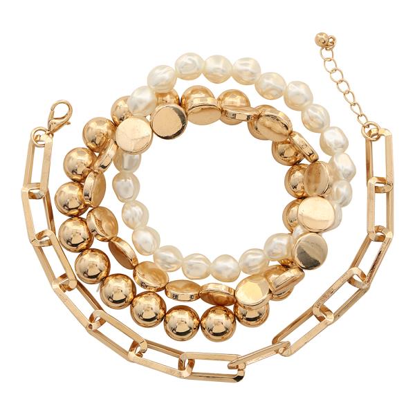 FAUX PEARL METAL TEXTURED LINK MIXED BEAD LAYERED STRETCH BRACELET SET