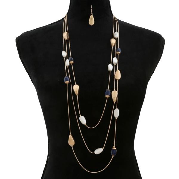 MULTISTRAND TEXTURED METAL DROP SHAPE BEAD LONG DROP NECKLACE