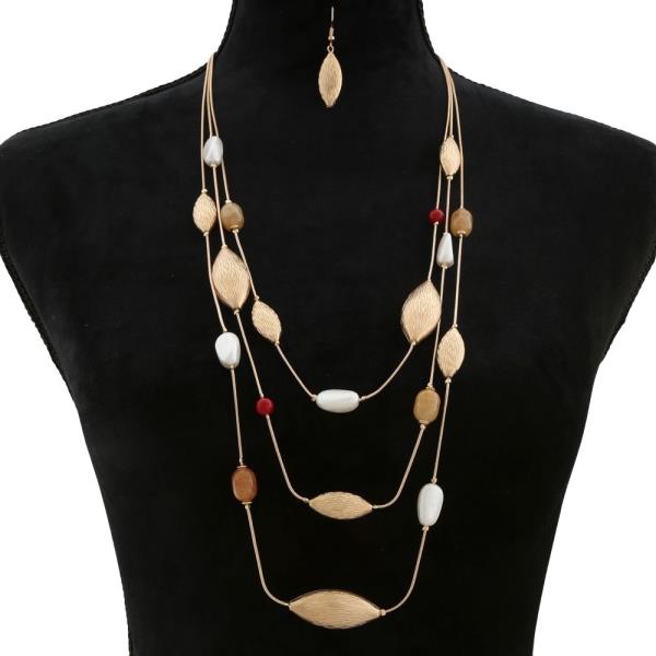 MULTISTRAND TEXTURED METAL LEAF BEAD LONG DROP NECKLACE