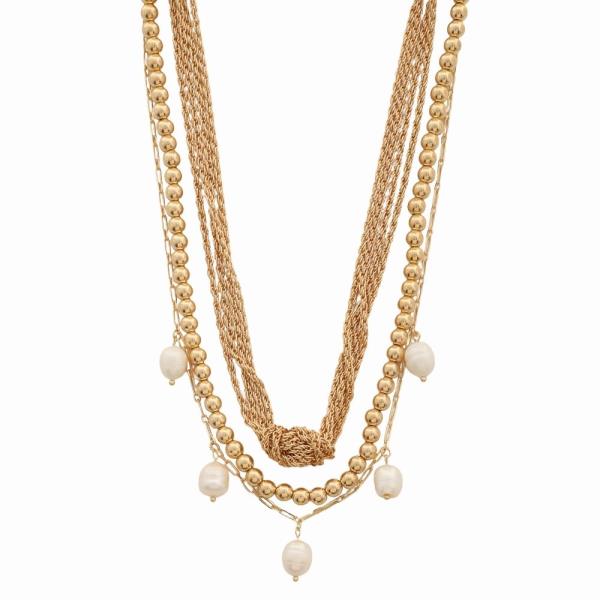 METAL BEAD TWISTED CHAIN FAUX PEARL MULTI LAYER NECKLACE