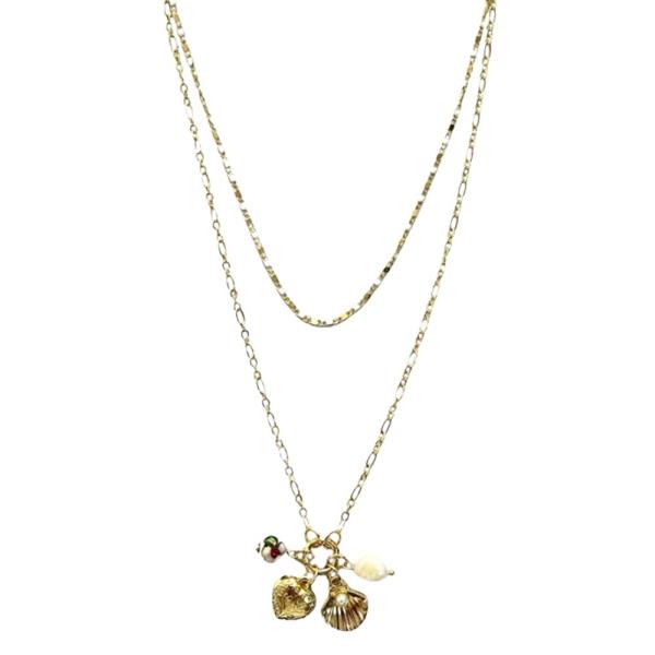 MIXED BEAD SHELL DOUBLE LAYERED PENDANT NECKLACE