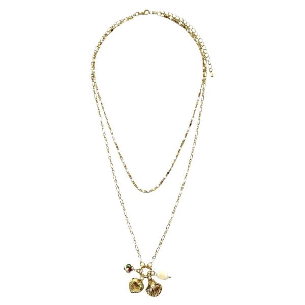 MIXED BEAD SHELL DOUBLE LAYERED PENDANT NECKLACE