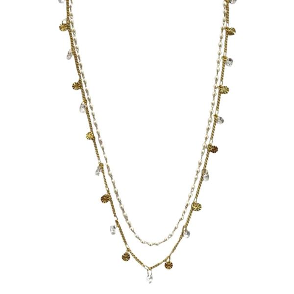 METAL ROUND CHARMS CRYSTAL DROP LAYERED NECKLACE
