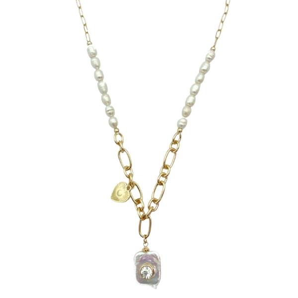 ASYMMETRIC PEARL CHAIN GEM PENDANT NECKLACE