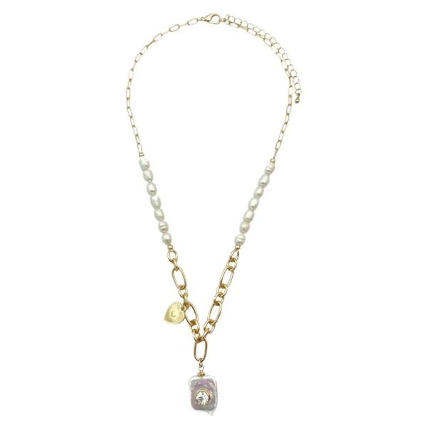 ASYMMETRIC PEARL CHAIN GEM PENDANT NECKLACE