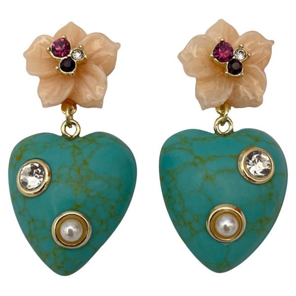 MIXED RESIN HEART SHAPE GEM EMBELLISHED DROP DANGLE EARRINGS
