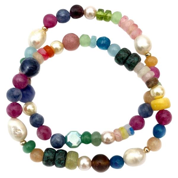 MIXED BEAD NATURAL STONE PEARL STRETCH BRACELET SET