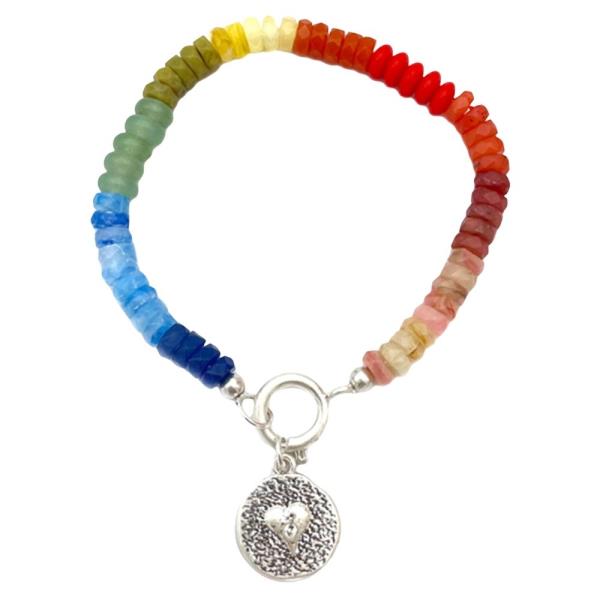 RAINBOW GLASS DISC BEAD TEXTURED HEART CHARM BRACELET