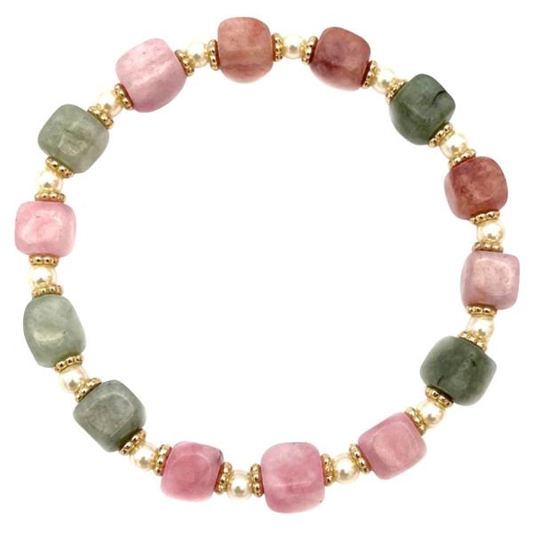 CUBE STONE CUBE & ROUND BEAD STRETCH BRACELET