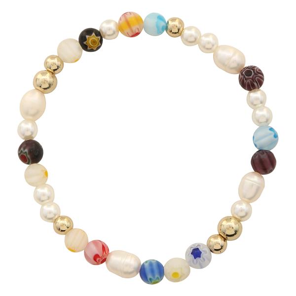 MIXED BEAD FAUX PEARL METAL ACCENT STRETCH BRACELET