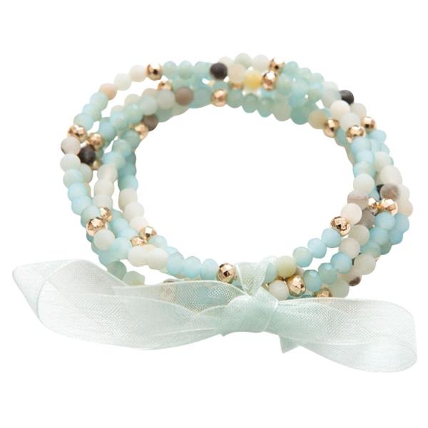 GLASS NATURAL STONE METAL BEAD RIBBON TIE STRETCH BRACELET SET